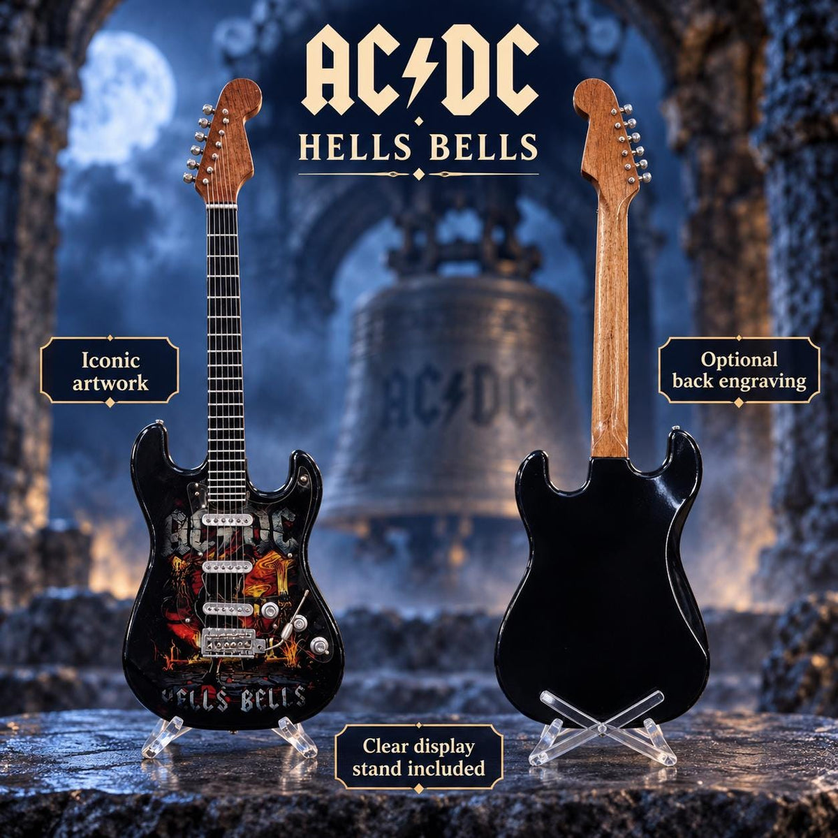 Мини китара AC/DC — Hells Bells със стойка и гравиране по избор — снимка 2