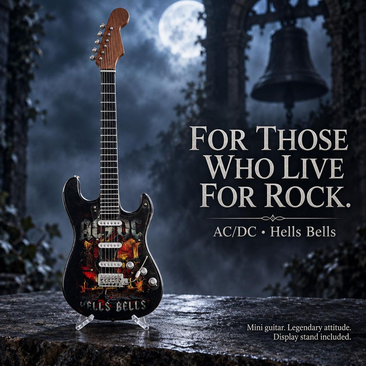 Мини китара AC/DC — Hells Bells със стойка и гравиране по избор — снимка 1