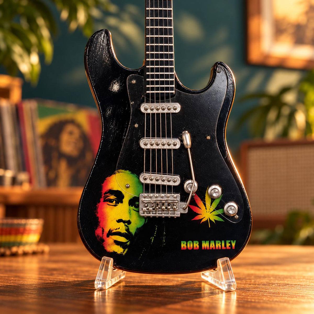 Мини китара Bob Marley — раста портрет със стойка и гравиране по избор — снимка 6