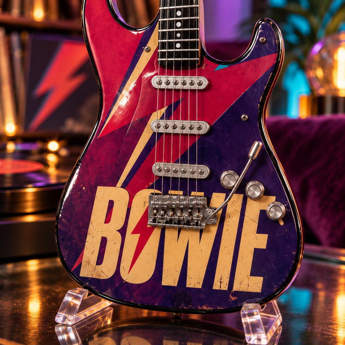 Мини китара David Bowie — лилава светкавица със стойка и гравиране по избор — снимка 6