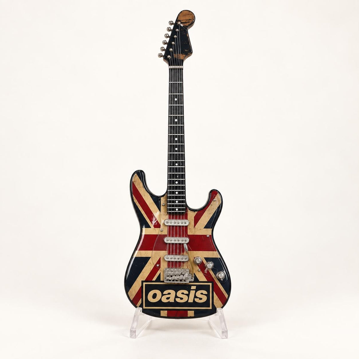 Мини китара Oasis — Union Jack със стойка и гравиране по избор — снимка 2