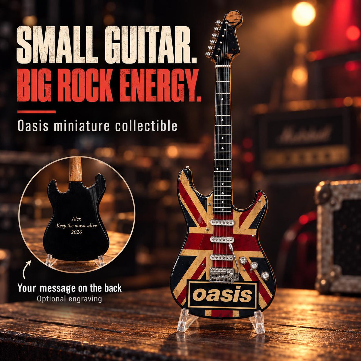 Мини китара Oasis — Union Jack със стойка и гравиране по избор — снимка 1