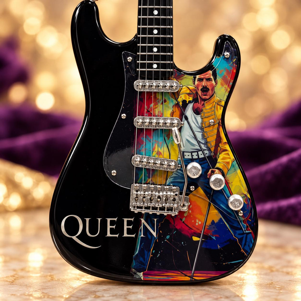 Мини китара Queen Freddie Mercury — жълто яке със стойка и гравиране по избор — снимка 6