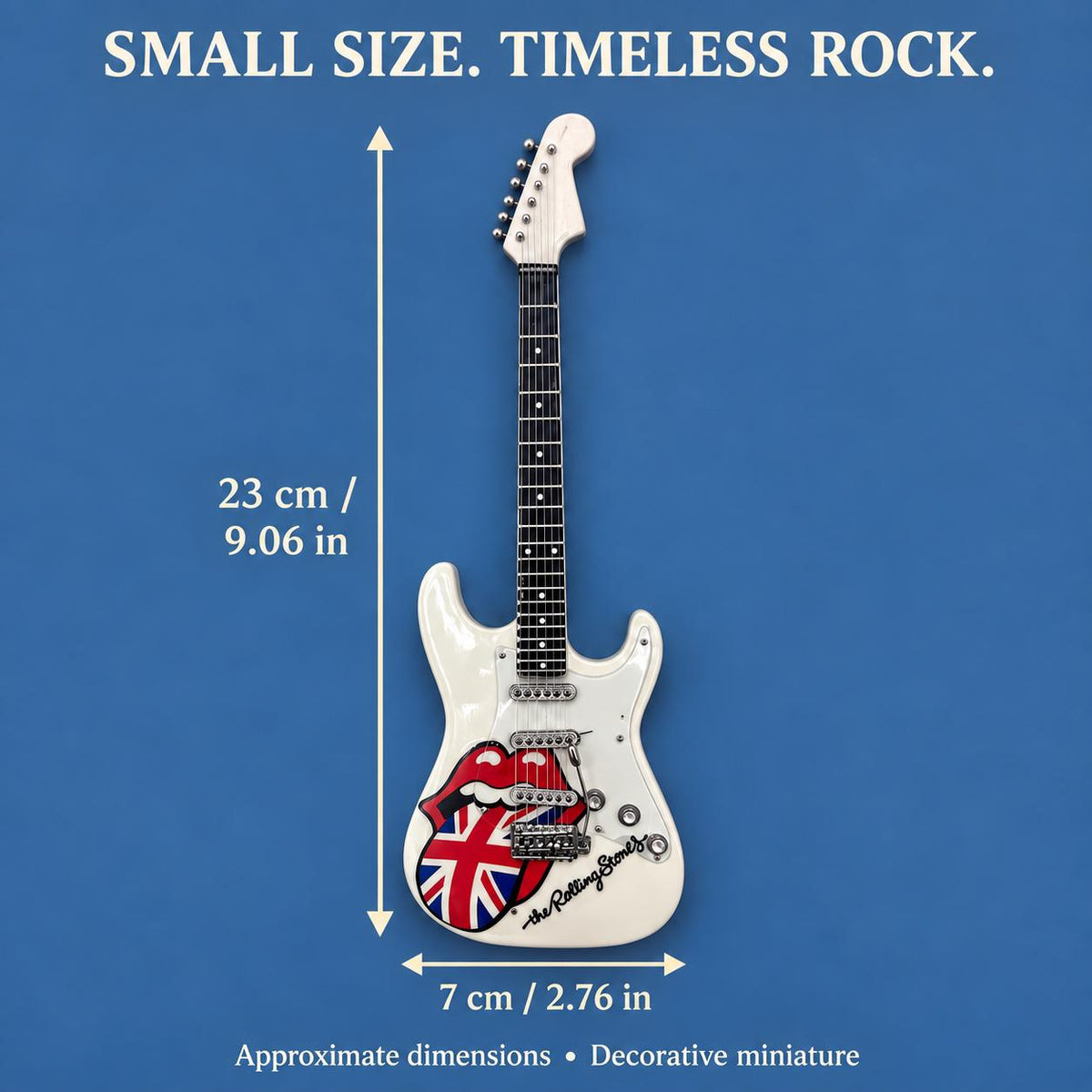 Мини китара Rolling Stones — бяла Union Jack със стойка и гравиране по избор — снимка 4