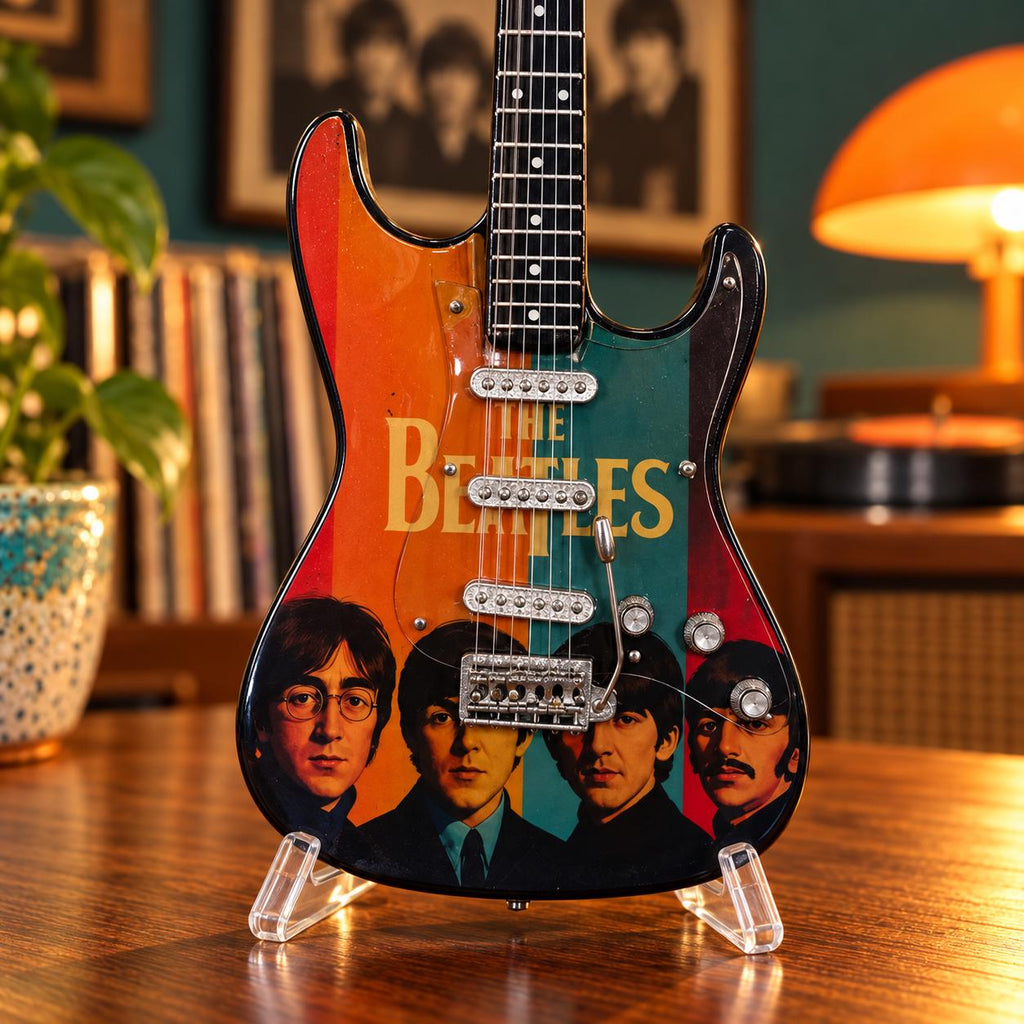 Мини китара The Beatles — оранжево-зелен портрет със стойка и гравиране по избор — снимка 6