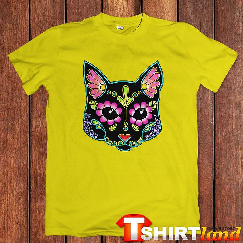 Тениска Cat in Black Skull with Flowers