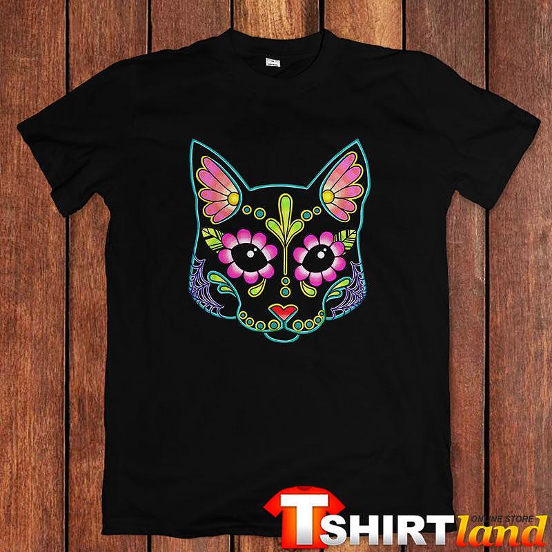 Тениска Cat in Black Skull with Flowers