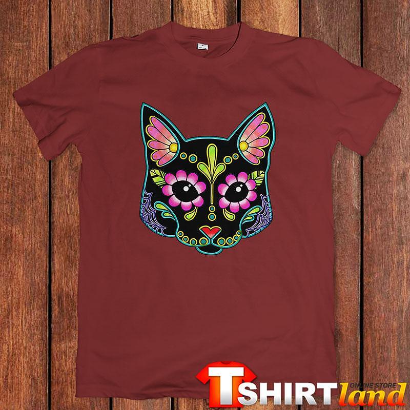 Тениска Cat in Black Skull with Flowers