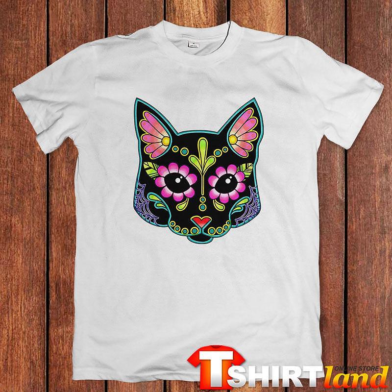 Тениска Cat in Black Skull with Flowers